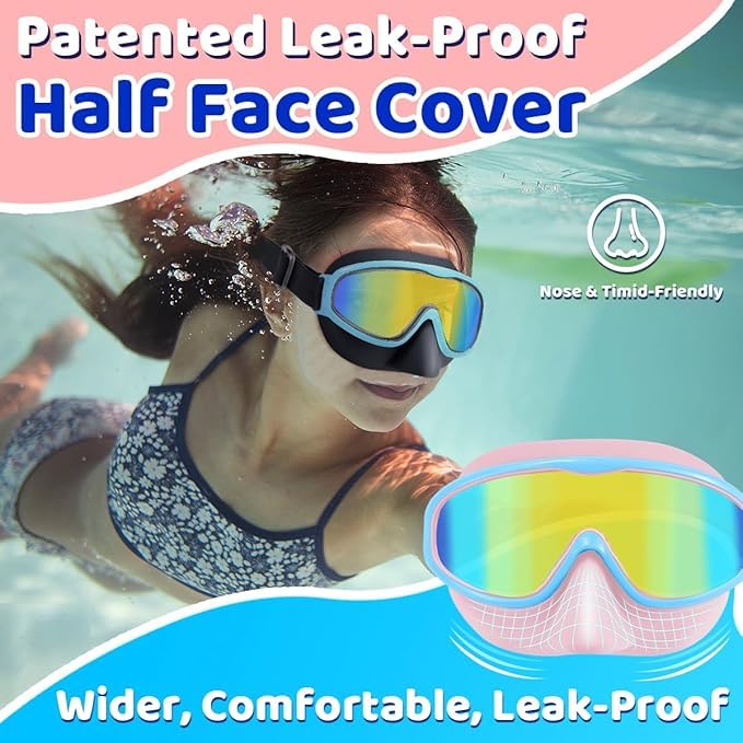 Vvinca Kids Goggles with Nose Cover Comfort Fabric Strap, Kids Swim Goggles Wide View Diving Mask Anti-Fog/UV No Leaking Swimming Goggles for 3-14 - Image 4