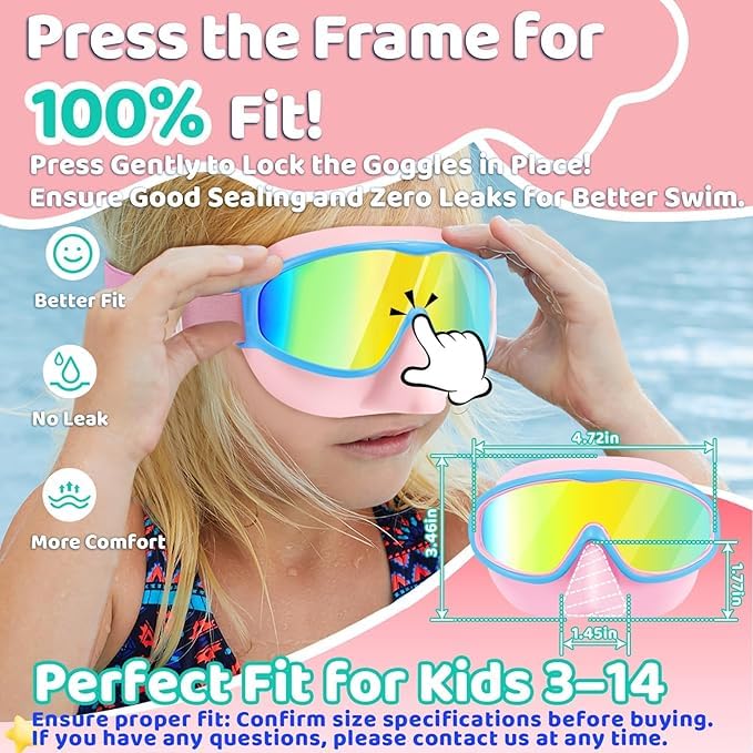 Vvinca Kids Goggles with Nose Cover Comfort Fabric Strap, Kids Swim Goggles Wide View Diving Mask Anti-Fog/UV No Leaking Swimming Goggles for 3-14 - Image 3