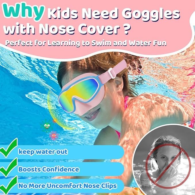 Vvinca Kids Goggles with Nose Cover Comfort Fabric Strap, Kids Swim Goggles Wide View Diving Mask Anti-Fog/UV No Leaking Swimming Goggles for 3-14 - Image 2