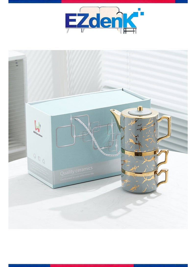 إزدنك طقم إبريق شاي وفنجان شاي سيراميك قابل للتكديس، مكون من 3 قطع، بنمط رخامي، غلاية مكدسة، كوبين وإبريق شاي واحد، مناسب للهدايا المكتبية والمنزلية (رمادي) - Image 1