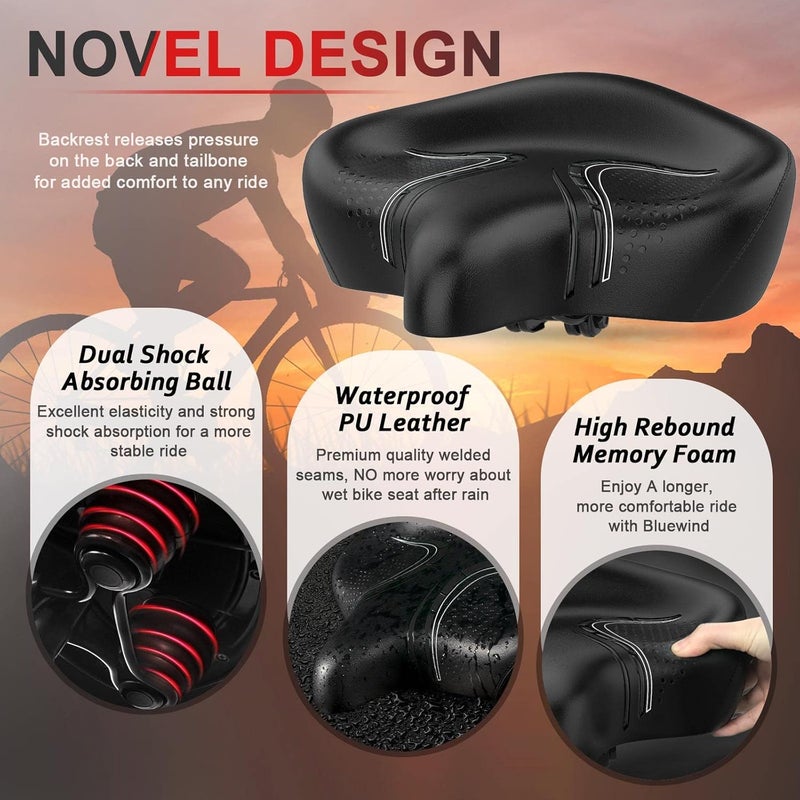 BLUEWIND Oversized Bike Seat with Backrest - Comfortable Wide Bicycle Saddle for Electric and Stationary Bikes - Image 2