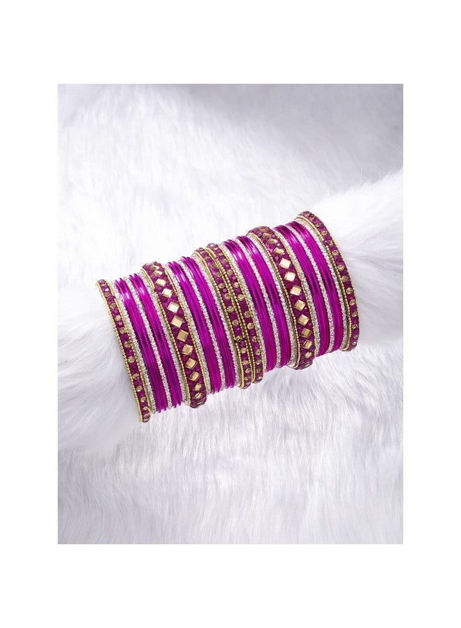 Peora Gold Plated Rani Pink Diamond Metal Chuda Chura Bangle Set Indian Traditional Bridal Wedding Fashion Jewellery for Women Girls Navratri Gift (Size - 2.6) - Image 2