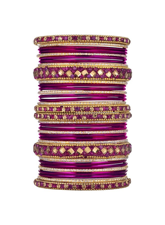 Peora Gold Plated Rani Pink Diamond Metal Chuda Chura Bangle Set Indian Traditional Bridal Wedding Fashion Jewellery for Women Girls Navratri Gift (Size - 2.6) - Image 1