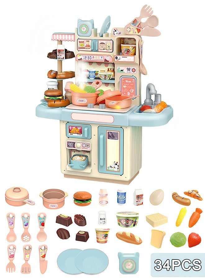 Quivlox Kitchen Pretend Play Toy Set,34Pcs Kids Kitchen Playset with Flowing Water Tap & LED Lights, Realistic Pretend Cooking Toys with Dishes & Food, Interactive Play Kitchen for Toddlers 3-6 Years, Educational Role Play Gift for Boys Girls - Image 1