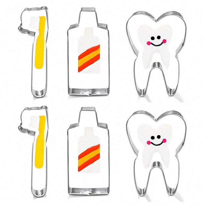 6Pcs Tooth BrushToothpasteTeeth Cute Stainless Steel Cookie Cutter Fondant Cutter Baby Kids First Tooth Party Decorations Supplies Dentist Birthday Gift