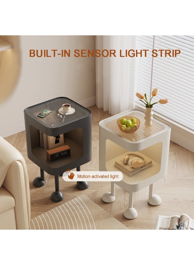 طاولة سرير LED لطيفة، ضوء مستشعر مدمج، رف تخزين مفتوح، أرجل متينة، طاولة جانبية بسيطة، طاولة جانبية بسيطة لغرفة النوم/غرفة المعيشة، أسود، JJT-238 - Image 3