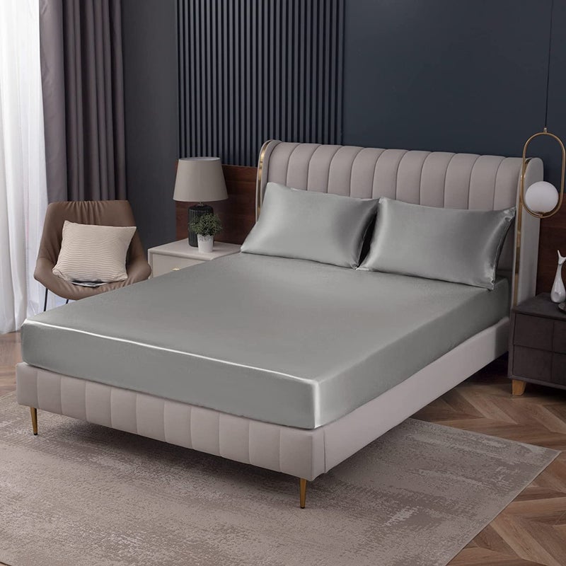 Homiest Light Grey Satin Fitted Sheet Twin XL Size Fitted Bed Sheet  Deep Pocket Fitted Sheet Only  Luxury & Ultra Soft Bedding Fitted Sheet Single Bottom Bed Sheets Sold Separately - Image 1