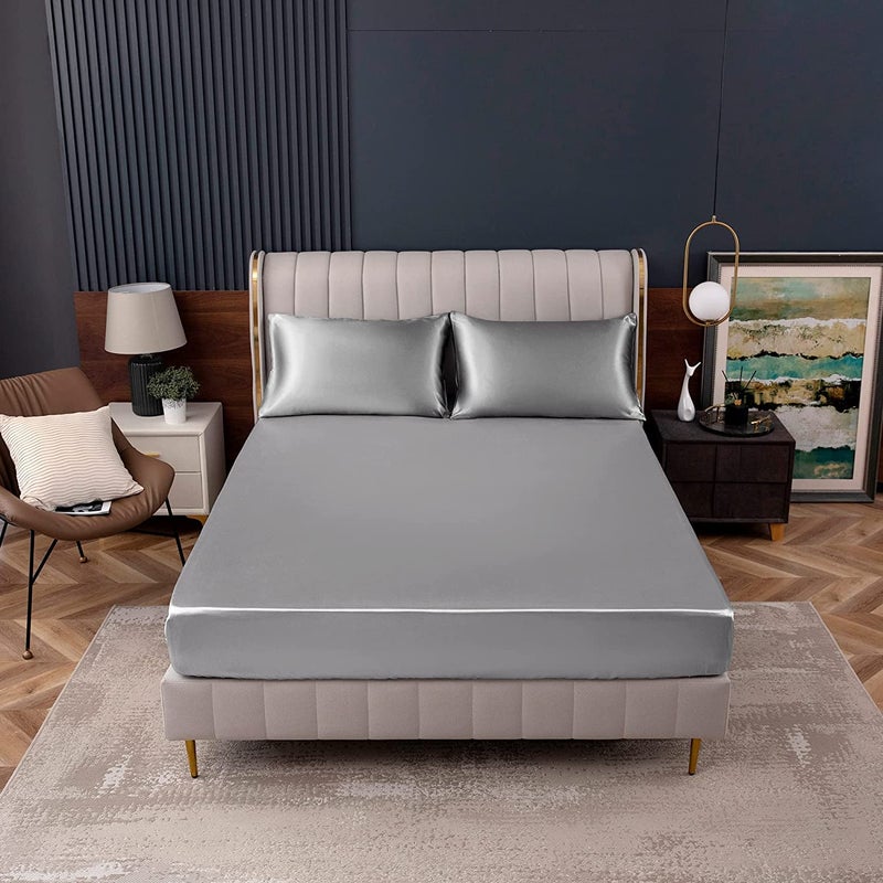 Homiest Light Grey Satin Fitted Sheet Twin XL Size Fitted Bed Sheet  Deep Pocket Fitted Sheet Only  Luxury & Ultra Soft Bedding Fitted Sheet Single Bottom Bed Sheets Sold Separately - Image 2