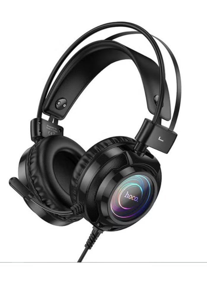 Hoco W110 RGB Wired Gaming Headset with Built-in Microphone and 2-Meter Cable in Classic Black – Immersive Surround Sound, Noise-Isolating Design, Comfortable Cushioned Earcups, RGB Light Effects, Ideal for PC, Laptop & Console Gaming  - Image 1