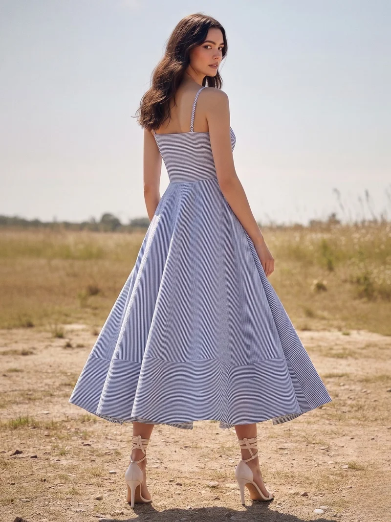Outzidr navy and white Blue Midi Yarndyed Dress With Cutout Floral Applique Detail for Women | Best Price UAE