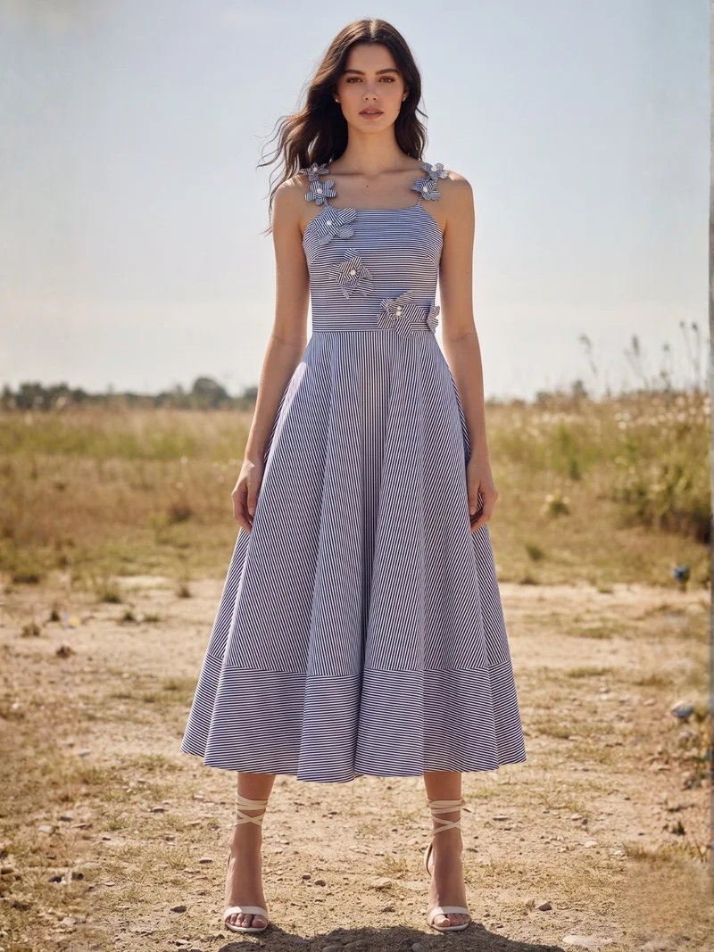 أوجيدر Blue Midi Yarndyed Dress With Cutout Floral Applique Detail