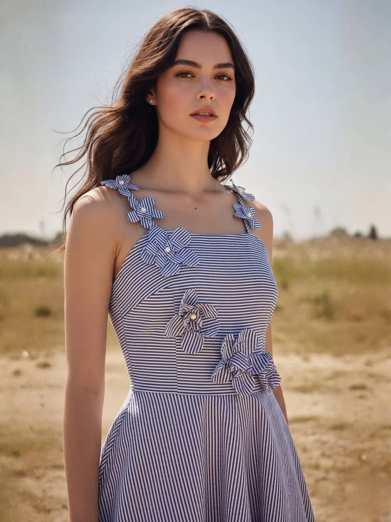 Outzidr navy and white Blue Midi Yarndyed Dress With Cutout Floral Applique Detail for Women | Best Price UAE