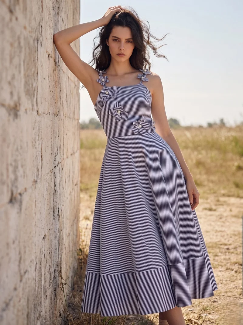 أوجيدر Blue Midi Yarndyed Dress With Cutout Floral Applique Detail
