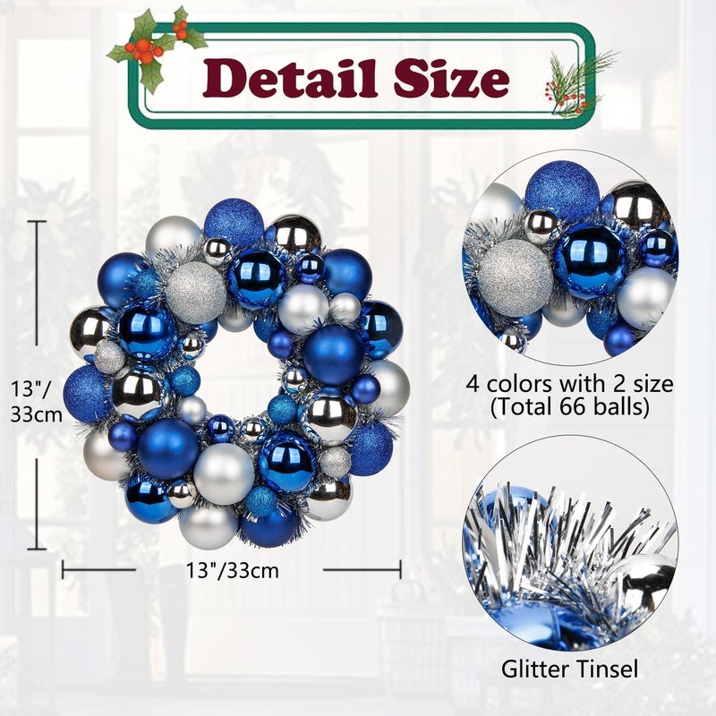 GnFlus Christmas Ball Wreath 13" Xmas Wreaths Ornaments Glitter Thicken Shatterproof Garland Decoration for Door Wall Mantel Holiday Party Decor, Blue & Silver - Image 2