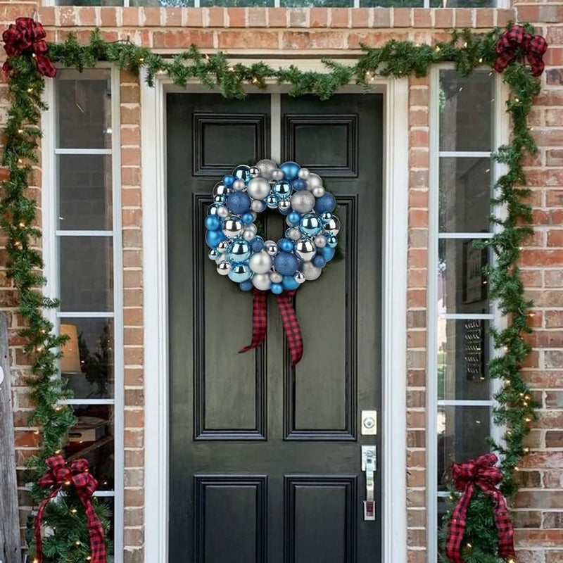 GnFlus Christmas Ball Wreath 13" Xmas Wreaths Ornaments Glitter Thicken Shatterproof Garland Decoration for Door Wall Mantel Holiday Party Decor, Blue & Silver - Image 4
