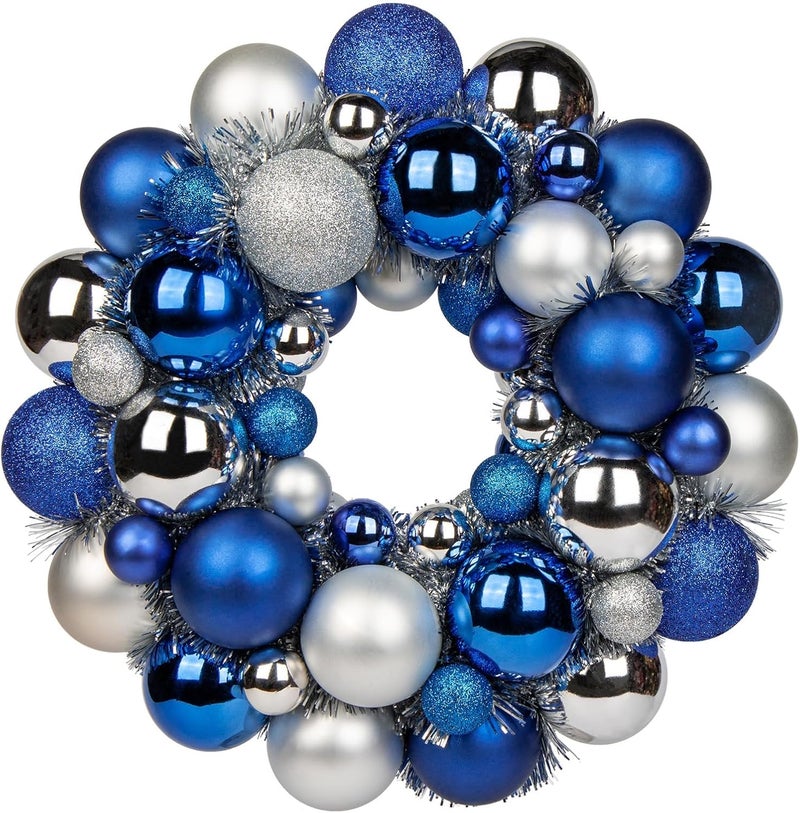 GnFlus Christmas Ball Wreath 13" Xmas Wreaths Ornaments Glitter Thicken Shatterproof Garland Decoration for Door Wall Mantel Holiday Party Decor, Blue & Silver - Image 1