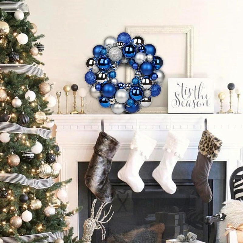 GnFlus Christmas Ball Wreath 13" Xmas Wreaths Ornaments Glitter Thicken Shatterproof Garland Decoration for Door Wall Mantel Holiday Party Decor, Blue & Silver - Image 3