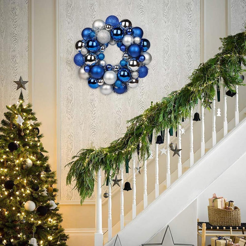 GnFlus Christmas Ball Wreath 13" Xmas Wreaths Ornaments Glitter Thicken Shatterproof Garland Decoration for Door Wall Mantel Holiday Party Decor, Blue & Silver - Image 5