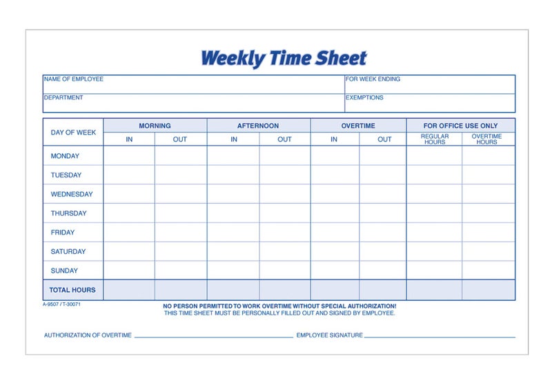 Adams Time Sheet, 9 x 5.5 Inch, Weekly Format, 2-Part, Carbonless, 100-Pack, White, Canary (NC9507) - Image 1