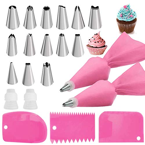 Jutoe 22pcs Piping Bags and Tips set,2 Reusable Silicone Pastry Bag with 14 Stainless Steel Nozzle Icing Tips Set, 3 Icing Smoother & 2 Couplers &1Sealing clip for Baking Decorating Cake Tool (Pink) - Image 1