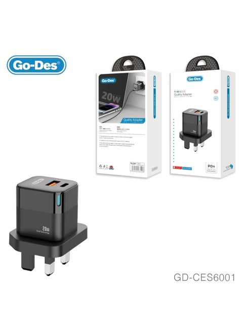 Go-Des 20W 3 Pin Dual Port PD QC Fast Charger LED Display Compact USB A and Type C Adapter