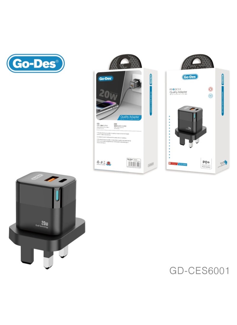 GO-DES - Go-Des 20W 3 Pin Dual Port PD QC Fast Charger LED Display Compact USB A and Type C Adapter - Image 1