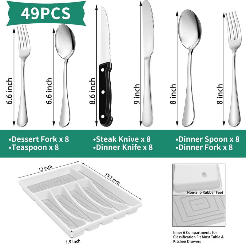 JUNLIN 49PCS Silverware Set with Organizer, Stainless Steel Flatware Drawer Cutlery Set for 8, Kitchen Utensils with Steak Knives Mirror Polished Dinner Knife Forks Spoons Tableware Service Tray - Image 2