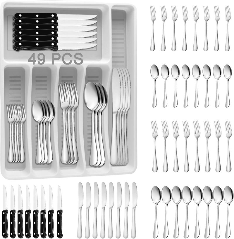 JUNLIN 49PCS Silverware Set with Organizer, Stainless Steel Flatware Drawer Cutlery Set for 8, Kitchen Utensils with Steak Knives Mirror Polished Dinner Knife Forks Spoons Tableware Service Tray - Image 1