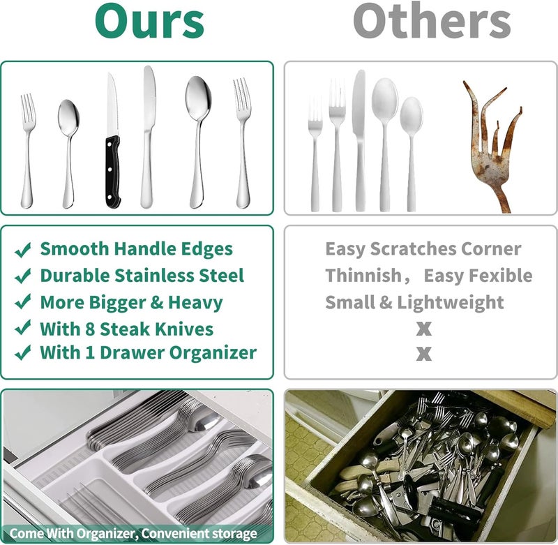 JUNLIN 49PCS Silverware Set with Organizer, Stainless Steel Flatware Drawer Cutlery Set for 8, Kitchen Utensils with Steak Knives Mirror Polished Dinner Knife Forks Spoons Tableware Service Tray - Image 3