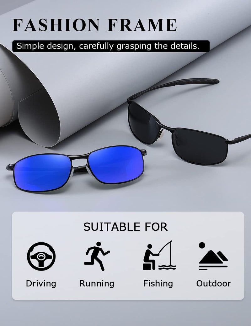 AEVOGUE Polarized Sunglasses For Men Rectangle Metal Frame Retro Sun Glasses AE0395 (Black+Black Frame Mirror Blue Lens, 59) - Image 4