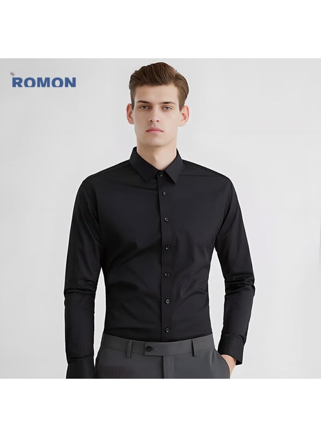 ROMON Romon Solid Color Business Professional Formal Men's Shirt, Work Uniform Men's Clothing, Long-sleeve Shirt For Men, Cs108, Black, Xl  - Image 1