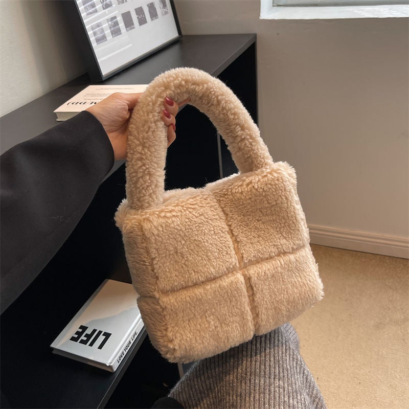 Checkered Bag, Furry Women'S Bag, Granular Wool Fashion Retro Plush Bag, Handbag, Suction Buckle Bucket - Image 3