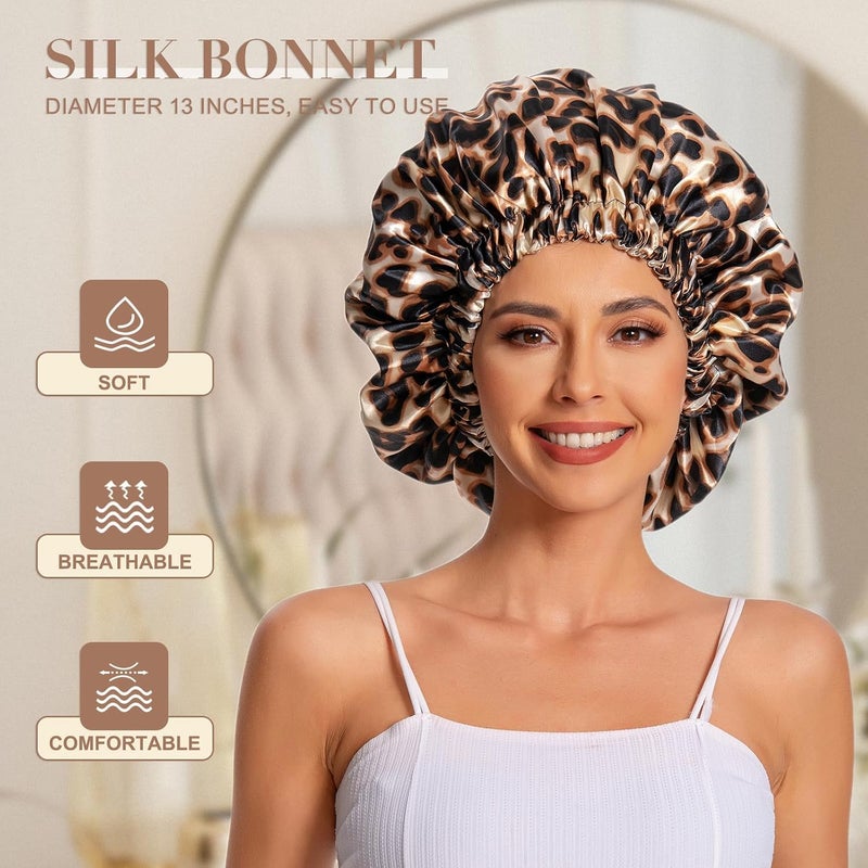 Edoneery Satin Bonnet Silk Bonnet Hair Bonnet for Sleeping-Slouchy Beanie Hat Satin Sleep Cap for Women's Natural & Curly Hair(Leopard) - Image 2