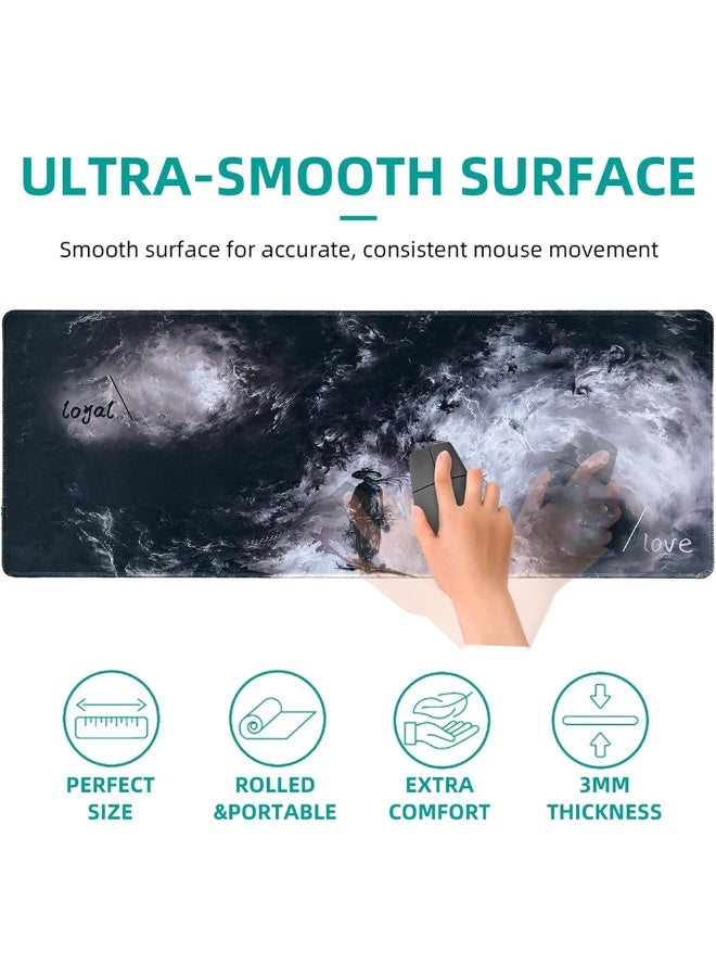 لوحة ماوس ألعاب كبيرة باللونين الأبيض والأسود من هوبي باد للمكتب، حصيرة مكتب بحواف مطوية، وسادة مكتب مقاومة للماء، قاعدة مطاطية مانعة للانزلاق، 70 × 30 سم - Image 2