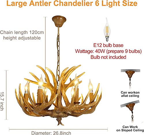 AUNLPB Antler Chandelier, Resin Deer Chandelier 6 Light Vintage Style Lighting, 26 Inch Large Faux for Living Room, Cabin, Dining Cafe, Kitchen 6 lights - Image 3