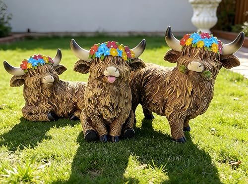 LEGIFO Highland Cow Figurine Set of 3, Funny Art Sculpture for Garden Backyard Patio Lawn Decorations, Outdoor Decor Statue Gift for Women Mom Grandma, Christmas Birthday - Image 1