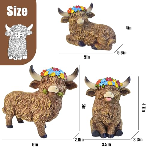 LEGIFO Highland Cow Figurine Set of 3, Funny Art Sculpture for Garden Backyard Patio Lawn Decorations, Outdoor Decor Statue Gift for Women Mom Grandma, Christmas Birthday - Image 3
