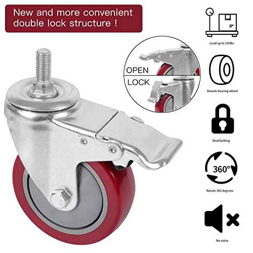 DICASAL 5 Inch Heavy Duty Stem Casters 360 Degree Swivel Thread Wheels with Metric Size M12-1.75 Screw Bolt Double Locking Brake Castor Wheel Load Capacity Upto 1200 Lbs Pack of Four - Image 4
