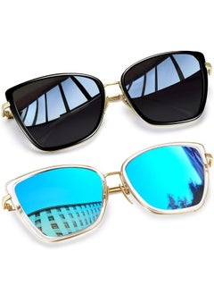 Joopin Oversized Cateye Sunglasses Cat Eye Sun Glasses Uv400 Trendy Beacky Shades For Women Ladies (All Black+ Mirrored Blue)  - Image 1