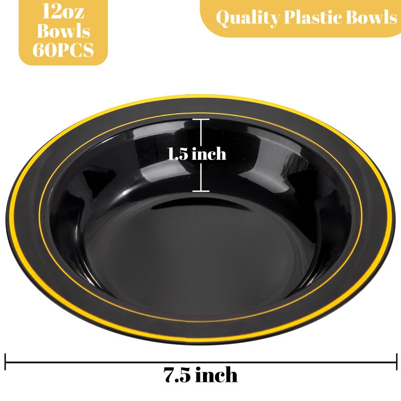 bUCLA 60 Pack Black Plastic Bowls with Gold Rim - 12 oz Plastic Soup Bowls Disposable for Wedding, Party, Gathering & New Year - Image 2