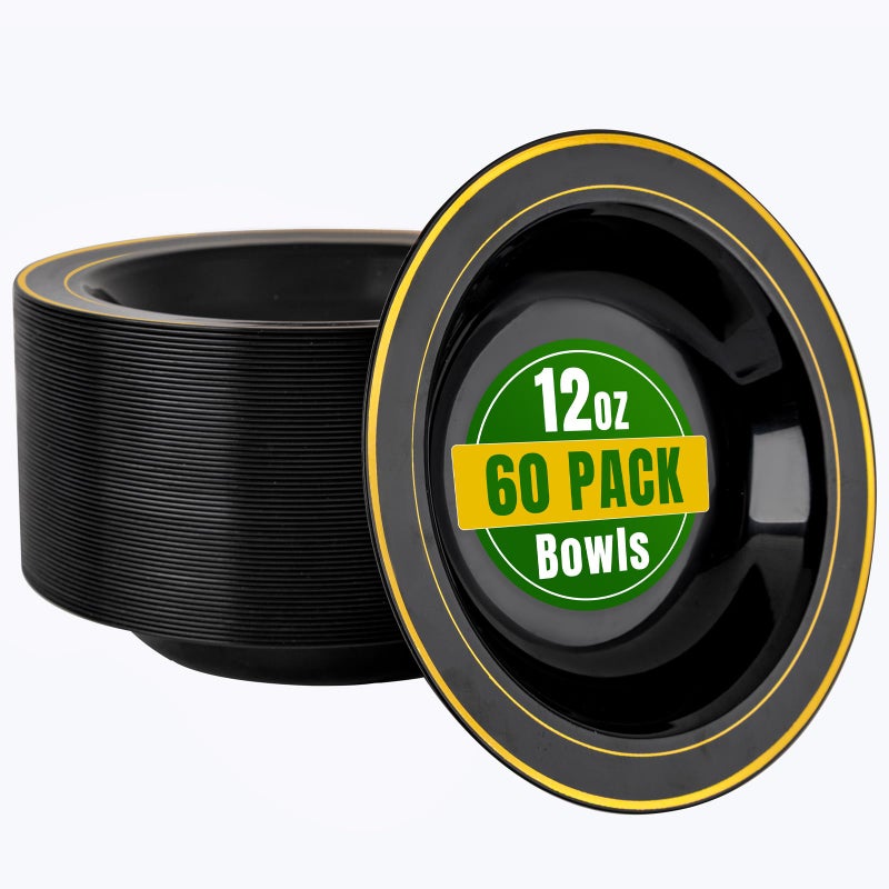 bUCLA 60 Pack Black Plastic Bowls with Gold Rim - 12 oz Plastic Soup Bowls Disposable for Wedding, Party, Gathering & New Year - Image 1