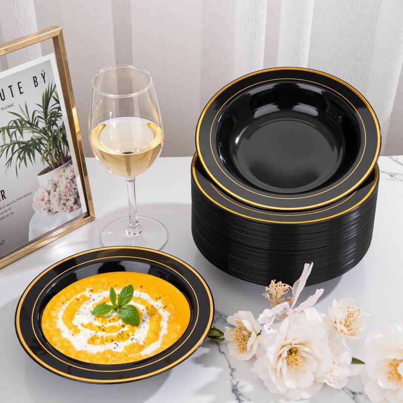bUCLA 60 Pack Black Plastic Bowls with Gold Rim - 12 oz Plastic Soup Bowls Disposable for Wedding, Party, Gathering & New Year - Image 4
