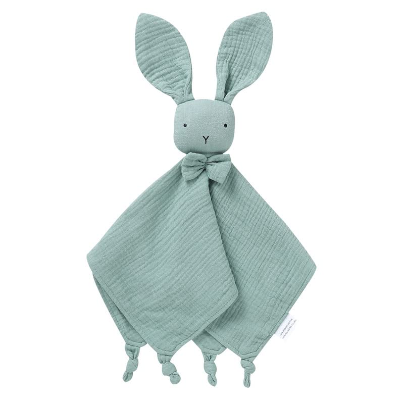 LAWKUL Baby Lovey Organic Cotton Muslin Soft Security Blankets Comfy Lovie for Newborn Infants Boy Girls Unisex Bunny Green