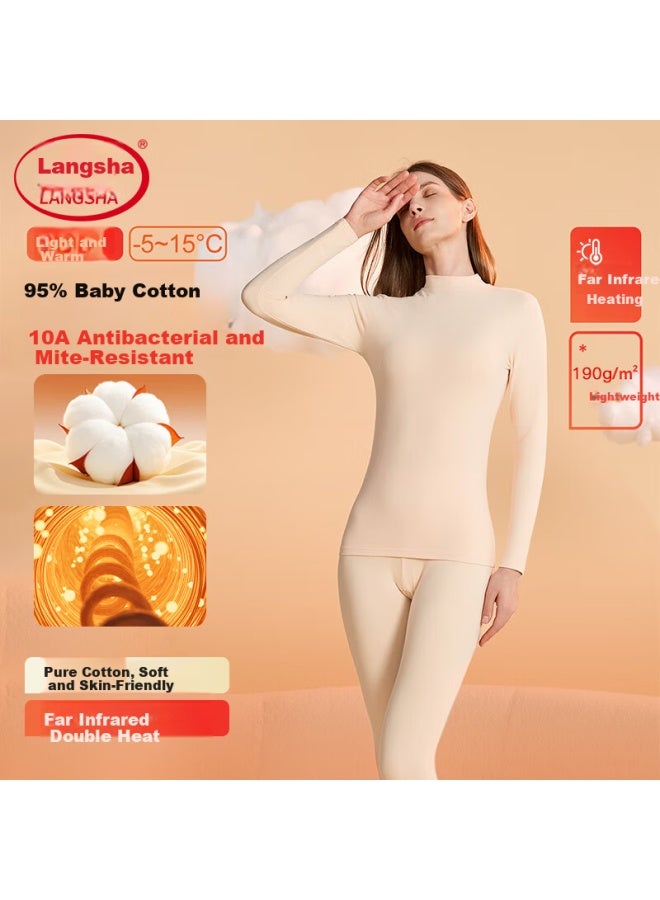 LANG SHA Langsha Women's Autumn Winter Cotton Thermal Underwear Set Mid-neck Antibacterial Mite-resistant Heat Retaining Warm Long Johns - Image 1