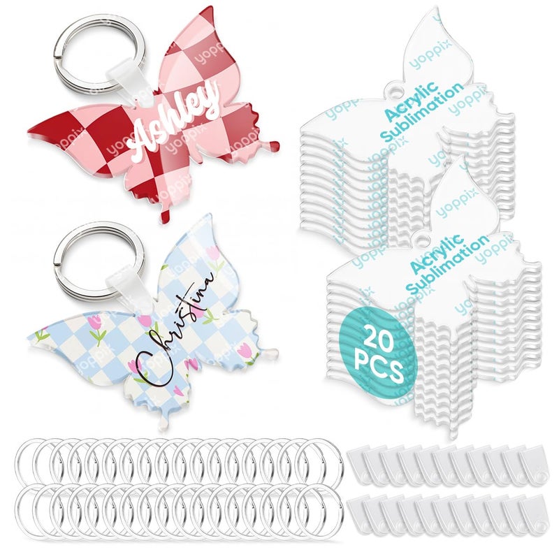 YOPPIX 60 Pcs Sublimation Acrylic Butterfly Blanks, with 20 Fixing Clips and 20 Key Rings for Heat Transfer Keychain Bags Wedding Table Decor, Christmas Tree Decor, Home Gift Crafts Supplies - Image 1