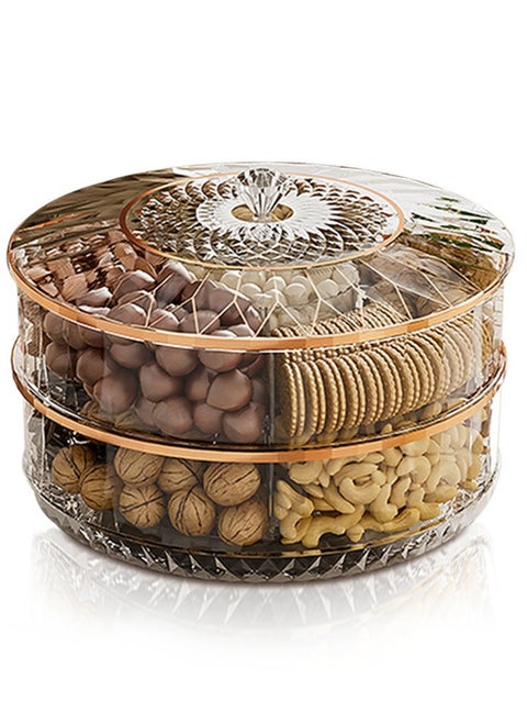 Double Layer Candy and Nut Serving Tray Rotating Snack Tray with Lid 6 Compartments Plastic Food Storage Organizer Box