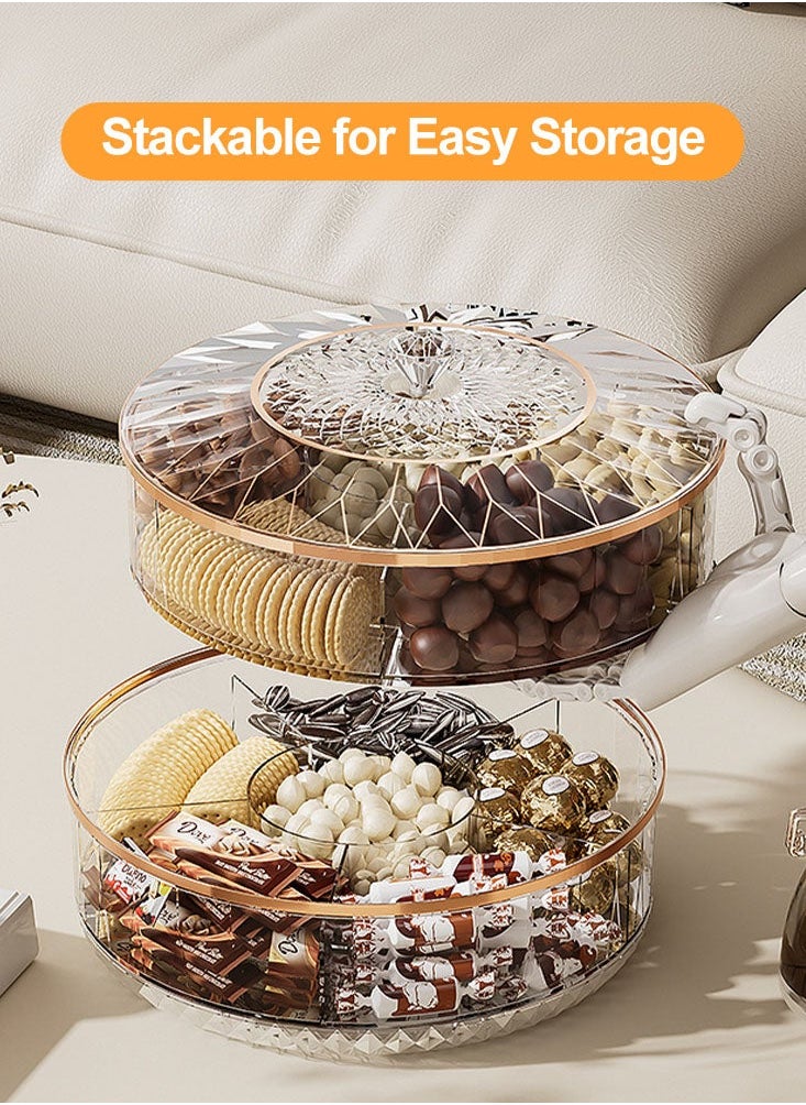 Double Layer Candy and Nut Serving Tray Rotating Snack Tray with Lid 6 Compartments Plastic Food Storage Organizer Box