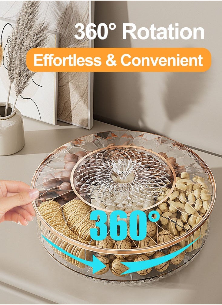 Double Layer Candy and Nut Serving Tray Rotating Snack Tray with Lid 6 Compartments Plastic Food Storage Organizer Box