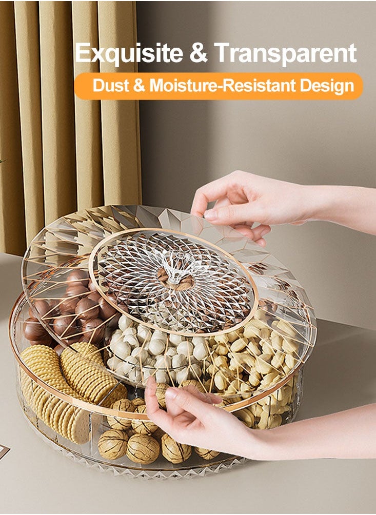 Double Layer Candy and Nut Serving Tray Rotating Snack Tray with Lid 6 Compartments Plastic Food Storage Organizer Box