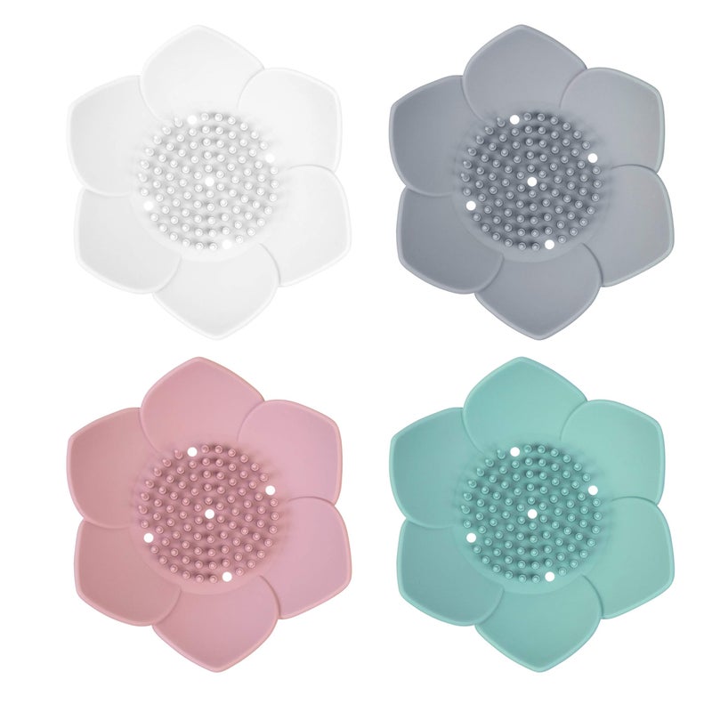 AUEAR AUEAR 4 Pack Lotus Flowers Soap Dish with Drain Silicone Holder NonSlip Flexible Tray for Bathroom Shower 
